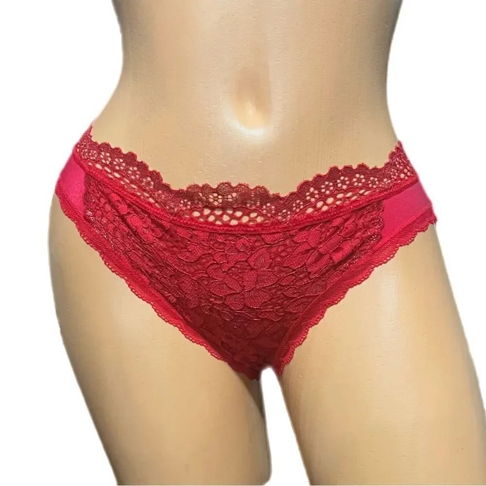 Victorias Secret Body Supersoft Satiny Metallic Lace front Bikini panty Red S